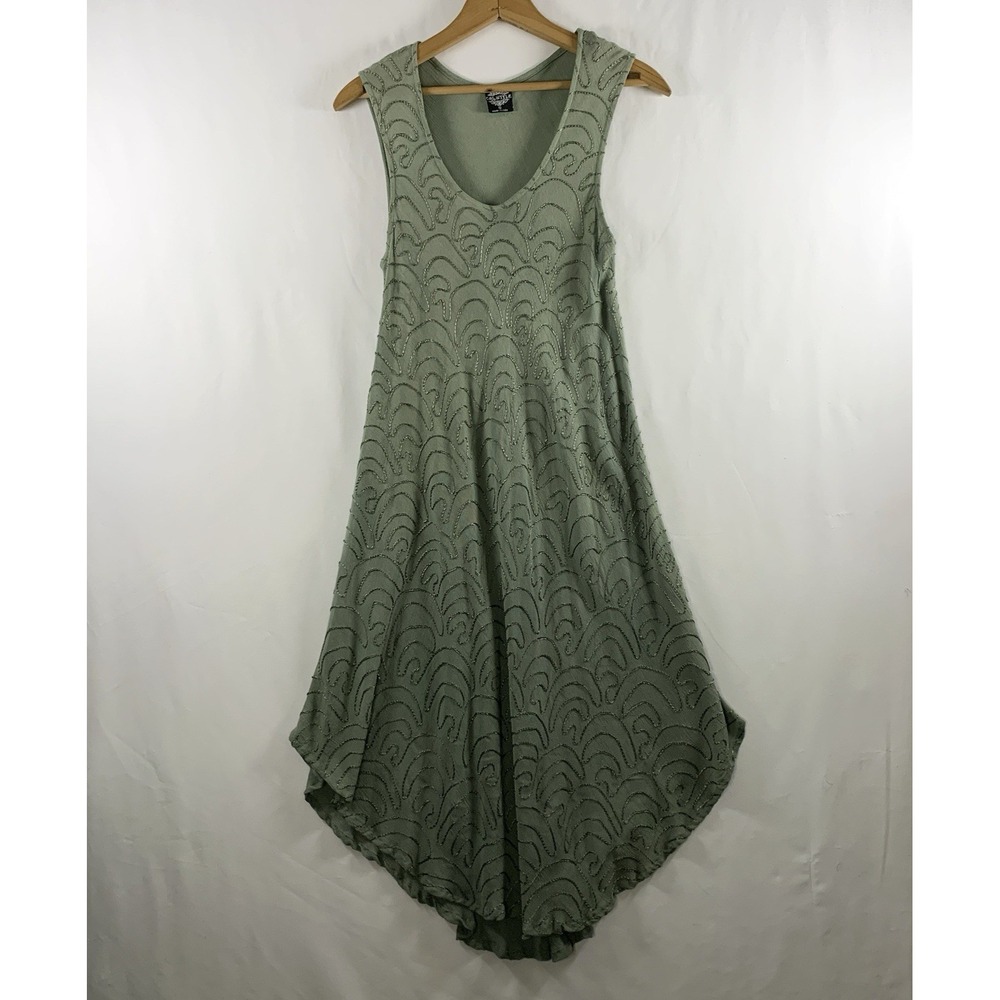 Earthy Boho Embroidered Midi Dress Size S Sage Green Layer Asymmetrical Festival